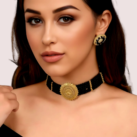 Handmade Brass Alloy Midnight Majesty Black Beaded Choker Necklace